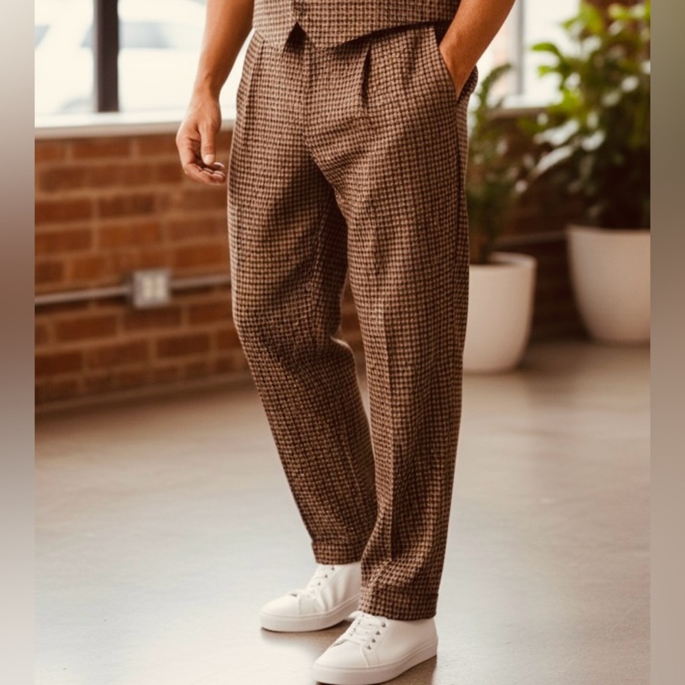 Vintage NOS Paul Fredrick 1998 Houndstooth Plaid Wool Pant Pleated Cuffed 36”